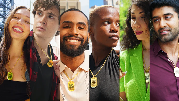 Six diverse individuals each wearing a Jump tag QR code necklace in a collage format