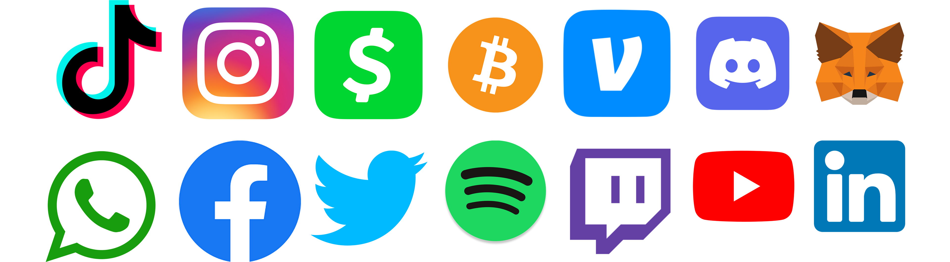  Logos of compatible services like TikTok, IG, FB, WhatsApp, CashApp, Bitcoin, Spotify, Venmo, Discord, MetaMask, LinkedIn